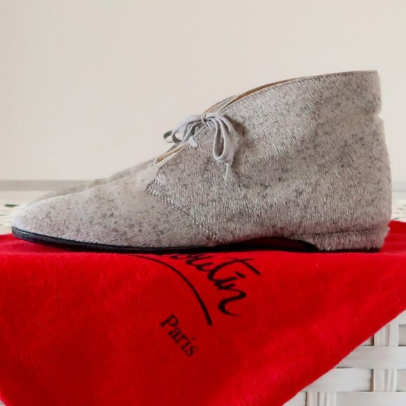 Christian Louboutin Grey Pony Hair Lace-Up Boots Designer Red Sole Ankle Booties - Picture 3 of 16